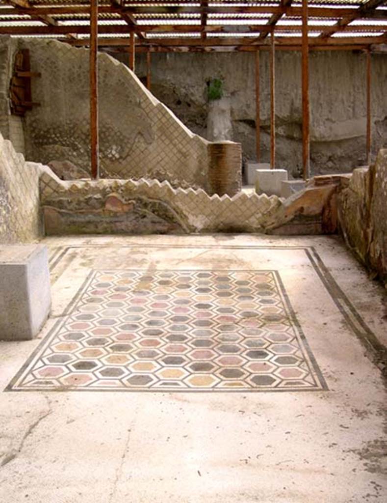 Villa dei Papiri, Herculaneum. July 2004.
Looking north across multicolour geometric mosaic floor in room (f).
Photo courtesy of Jennifer Stephens.
©jfsPAP0671
